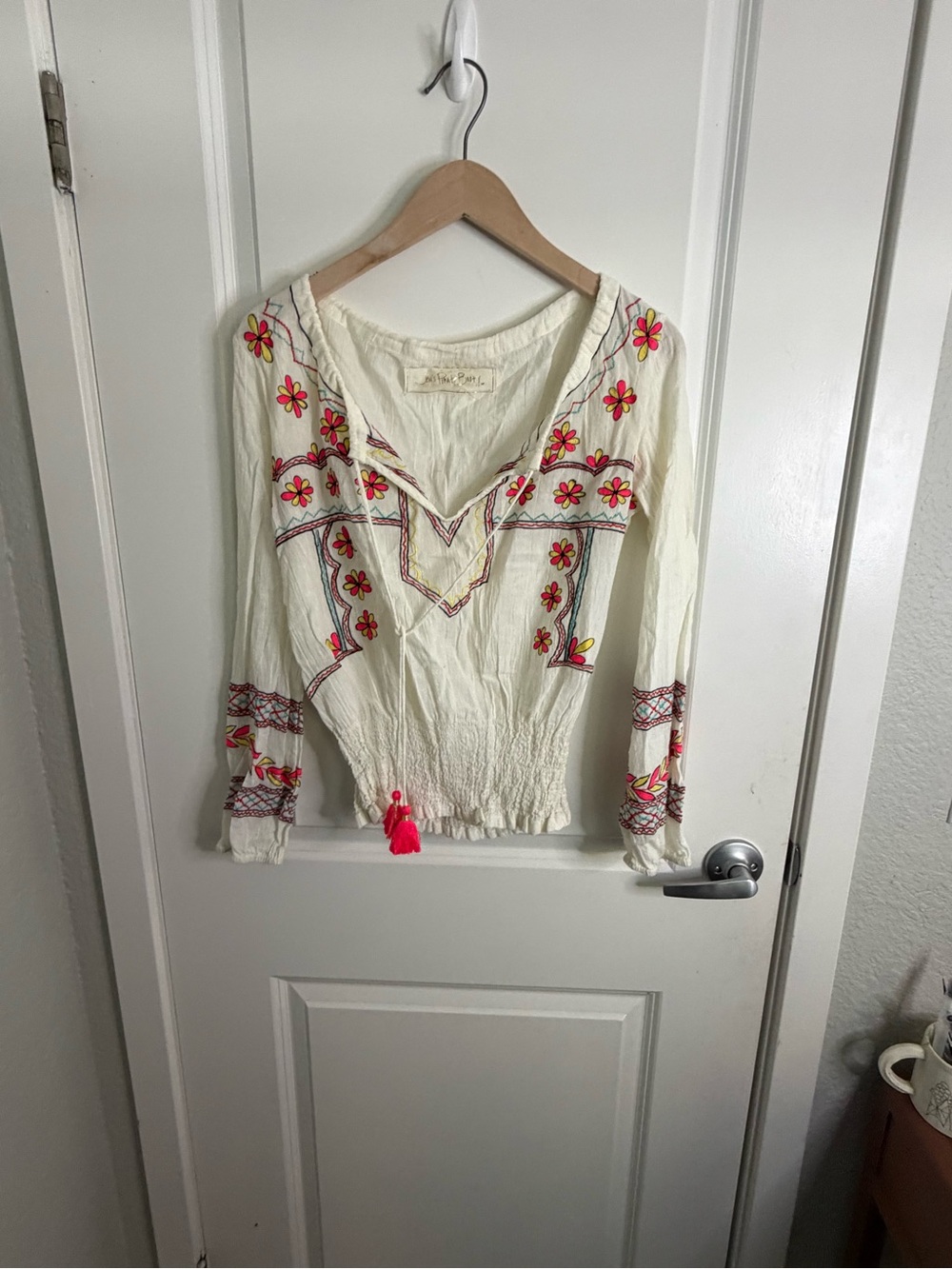 Jen's Pirate Booty Cream Peasant Blouse with Pink & Red Floral Embroidery